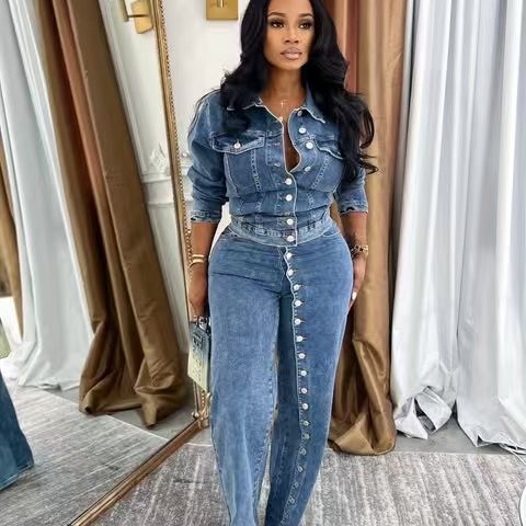 Jeans Suit Women Denim 2 Piece - Vintage Fashion Jacket ulasan dan harga