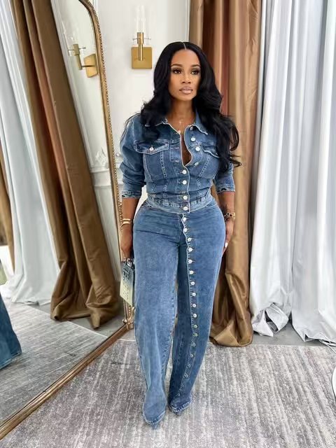 Jeans Suit Women Denim 2 Piece - Vintage Fashion Jacket ulasan dan harga