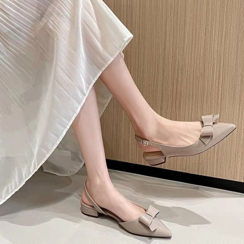 Bow Gentle Medium Heel Baotou  - Vintage Fashion Heels ulasan dan harga