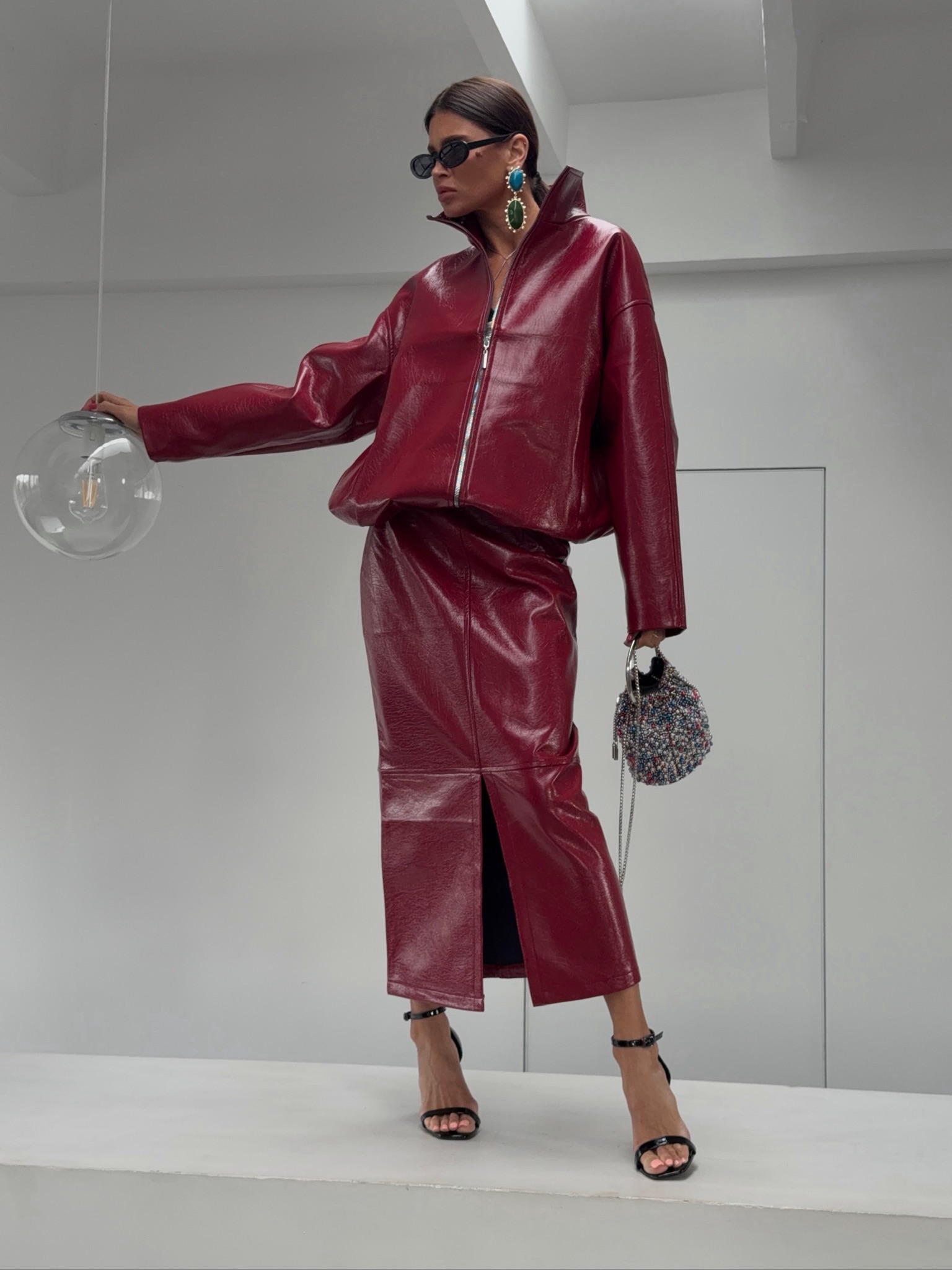 Women Shiny PU Leather 2‑Piece - Vintage Fashion Jacket ulasan dan harga